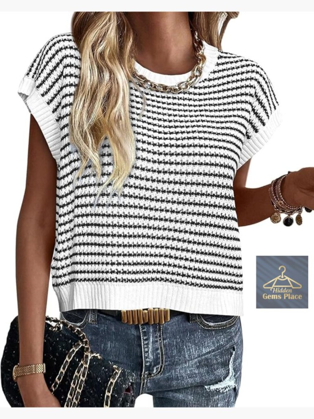 Short Sleeve Striped Knit Pullover Sweater Vest Top
